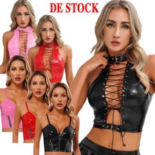 DE Damen Neckholder BH Metallic Crop Top Oberteil Wetlook Lackleder Club Dessous