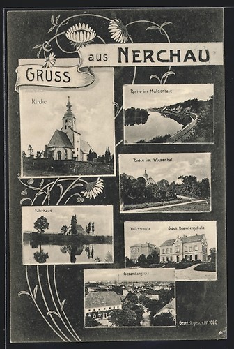 Nerchau postcard church - nerchau,,