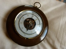 alte Wetterstation Barometer Messing mit poliertem Holz ∅ 13 cm  Marke TT,