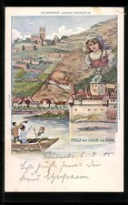 Lithographie Caub a. Rh., Berg mit Gesicht / Berggesichter, Schwenke Ser. 6 Nr. 