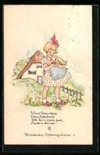 Künstler-AK Liesel Lauterborn: Mädchen mit Osterküken im Garten 1937 