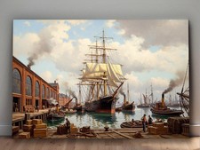Historischer Hafen mit Segelschiff , Druck auf Leinwand,