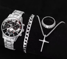 4-teiliges Herren Set – Geneva Uhr + Kette + Ring + Armband | Ungetragen & Neu
