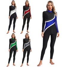 DE Damen Langarm Gymnastikanzug Ganzkörper mit Glitzer Tanz-Body Eiskunstlauf