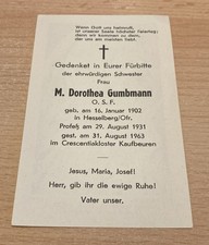 Sterbemitteilung 1963 einer ehrwürdigen Schwester. OSF Orden d Franziskanerinnen