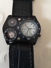 XXXL Uhr mit Zeitangabe, Temperatur und Kompass Lederarmband schwarz Herren