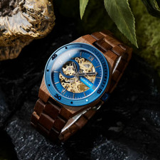 Skelettuhr Holz Edelstahl Herren Automatikuhr mechanisch autom. Aufzug Luxusuhr