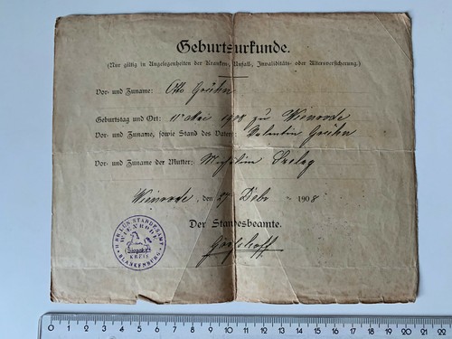 Geburtsurkunde 1908 wienrode - geburtsurkunde,