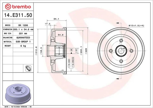 Bremstrommel e311 brembo - bremstrommel, 14.e311.50