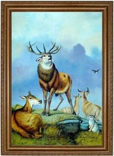 Ölbild Hirsch und Rehe