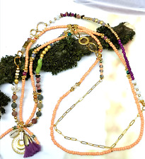 Boho Kette Perlen / Halskette mit Anhängern / multicolor zweireihig mit Gold NEU