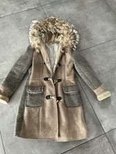 Damen Mantel Lammfell, Stoff und Kapuze Mit Echtem Fellbesatz Größe 38