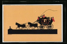 Künstler-AK sign. Dora Baum: Scherenschnitt, Renn- und Fahrsport, Pferdekutsche 