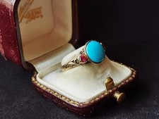 Antiker 14K Gold Ring mit Türkis und Rubinen um 1900 – Viktorianisch, Rarität