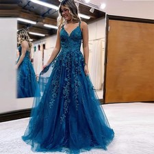 Damen V-Ausschnitt Abendkleider Spitze Lange A Linie Ballkleid