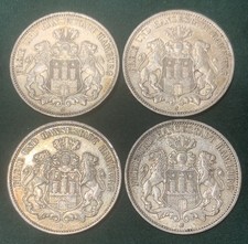 Lot 4 Silbermünzen drei Mark Dt. Kaiserreich Hansestadt Hamburg 1909, 1910, 1911