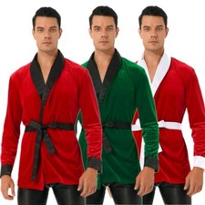 DE Herren Weihnachten Bademantel Samt Hausmantel Langarm Kimono Robe Nachtwäsche