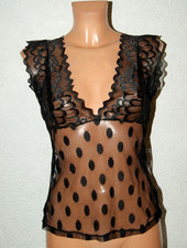 Feines zartes Tüll - Hemdchen * Top * Bluse schwarz Spitze Tupfen Gr. M