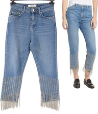 Topshop Jeans Kristalle Fransen Crop Moto Straight Leg glänzend Slim Fit Gr. W28 L30