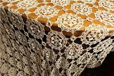 RIESIGER BEIGEFF HANDGEHÄKELTER ARTDECO BETTÜBERWURF ROSEN RONDELLE 315x285CM