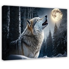 Leinwand Wolf Wald Mond Grau