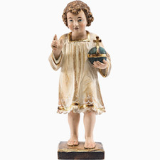 Jesuskind stehend Holzschnitzerei Skulptur Figur Antikisiert