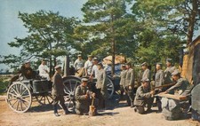 Soldaten an der Feldküche, Fotographie aus der Champagne, Feldpostkarte
