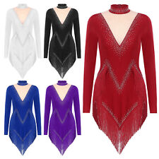 Damen Langarm Glitzer Mesh Spleiß Gymnastikanzug Eiskunstlauf Kleider Kostüm