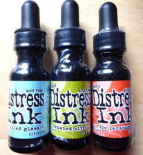 Tim Holtz Distress Ink ReInker x 3. Trommelglas, Crushed Olive, reife Persimone