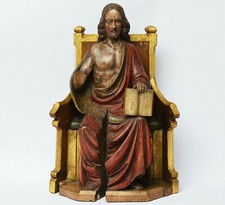 Holz Skulptur Figur Jesus Christus Pantokrator Thron 19. Jh. polychrom Höhe 42cm