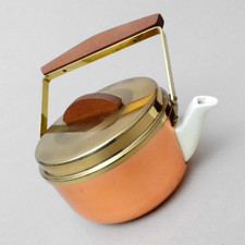 Teekanne Isolierkanne Kanne Warmhaltekanne Messing Kupfer Teak 60er Jahre