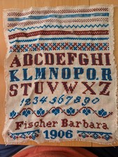 Antikes gesticktes Mustertuch / Sampler „Fischer Barbara 1906“