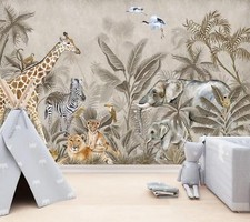 Beige Aquarell Safari Tiere Tapete Wandbild abnehmbar abwaschbar abziehen & kleben