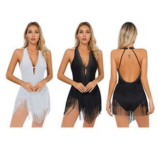 DE Womens Dress Rhinestone Unitard Party Latin Dance Leotard Stage Show Bodysuit