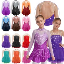 DE Mädchen Langarm Eislaufkleid Tanzkleid Glitzersteine Rollkunstlauf Kleid 
