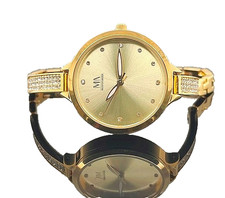 DAMEN UHR IP GELBGOLD  MIT KRISTALLE / SCHMALES BAND #  SCHMUCKJAGD