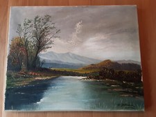 Gemälde Öl, Ölbild, Landschaft, See, Berge, signiert 