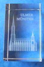 3 D Laser Glas Gravur: Ulmer Münster, Höhe 7,7cm, mit Box, Deko, Geschenk