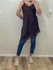 Asymmetrisches Lace Kleid Trägerkleid Satinoptik Spitzen Braun Onesize  (U1)