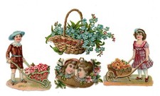 Alte Glanzbilder Oblaten Scaps Kinder Korb Blumen... max.7cm  Rar!!