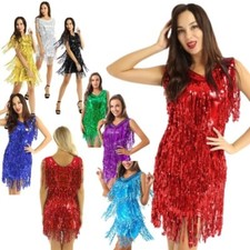 DE ranrann Damen Pailletten Tanzkleider Glitzer Samba Tango Latin Fransenkleid