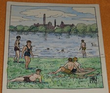 Badende am See mit Schwan Art