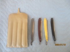 4 antike alte  Rasiermesser mit Lederetui  aus Kunststoff Horn / Bein und Metall