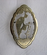 Antiker Jugendstil Brosche, fein ausgesägtes Muster, Alpacca, 5 x 3,2 cm