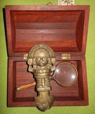 Schmuckschatulle Schmuckdose Handmade plus Lupe Mayafigur Messing Holz Intasien