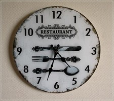 Wanduhr Glas Rund RESTAURANT Messer Gabel Löffel Landhaus Küchenuhr NEU