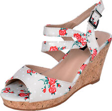 Vintage FLORAL Rose POLKA Dots Kork RIEMCHEN Wedges Creme Rockabilly