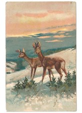 In Relief Paar Rehe Winterlandschaft Antike Weihnachtskarte