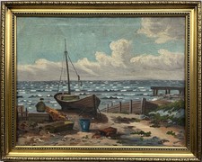 Impressionist Sonniger Tag am Meer Fischer Boot Netze Dünen Strand Ölgemälde 