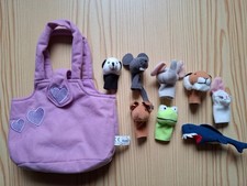 8 Fingerpuppen mit Tasche, Konvolut, Set, Tiere, z.B. Löwe, Maus, Hai, Frosch